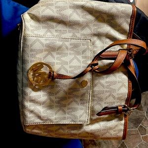 MK white brown and gold large leather bag